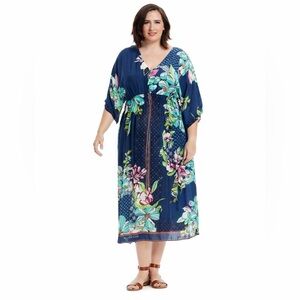 JOHNNY WAS FLORAL PRINT PULLOVER LIGHTWEIGHT V-NECK CAFTAN DRESS SIZE 1X